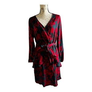 Red and black faux wrap dress with pendant, size L, new with tags